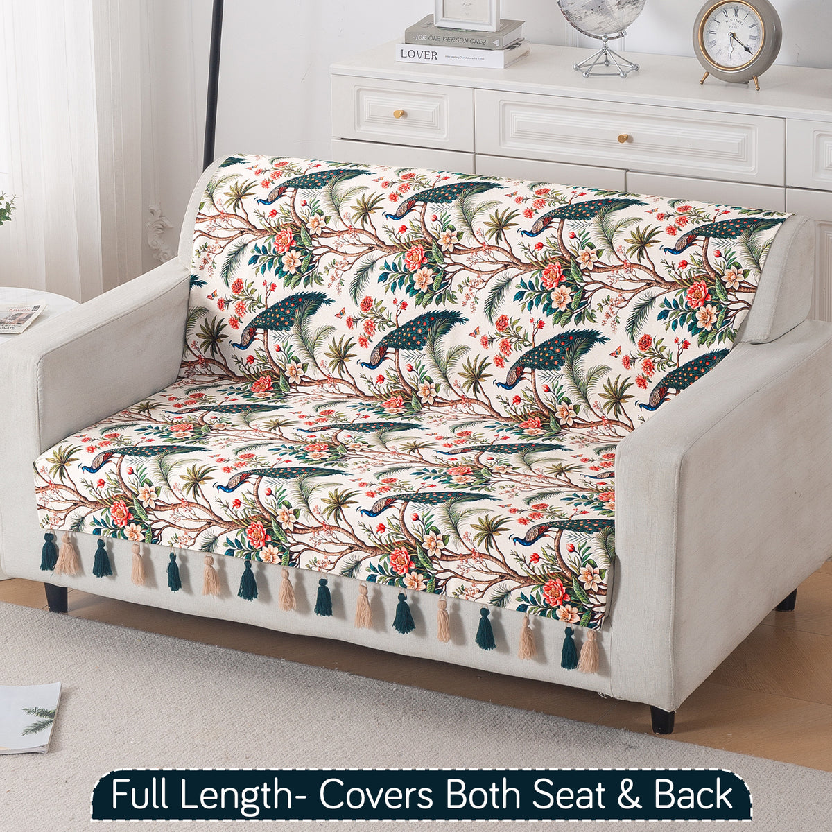 'Whispers of Nature' Series Holland Velvet Sofa Cover with Tassel, Multicolor Tropical Peacock
