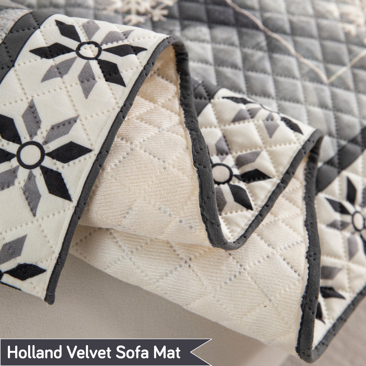 LiefNest Printed Holland Velvet L Shape Sofa Seat Mat with Foam Filling - Snowflakes Gradient Grey