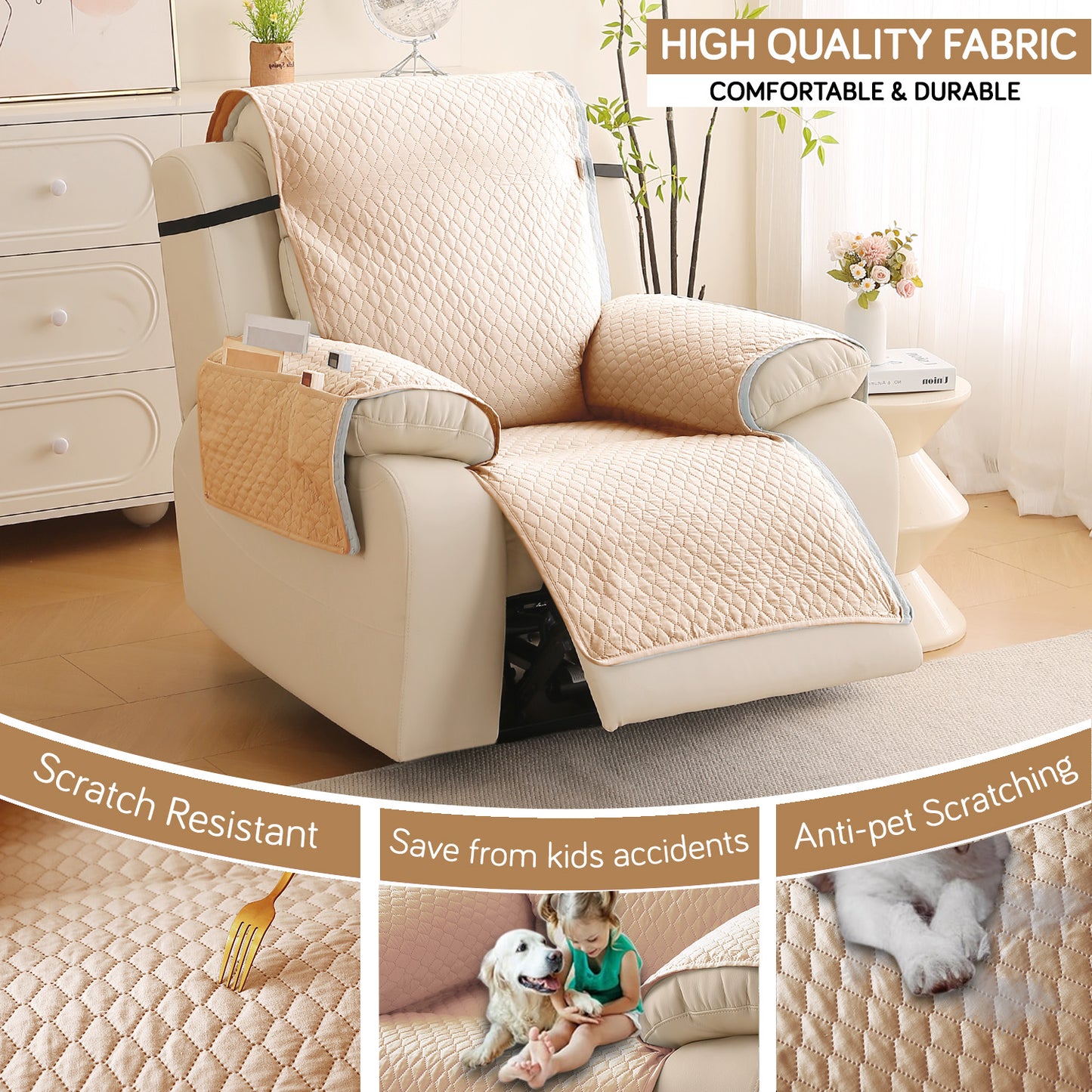 Quilted Recliner Mats for 1 Seater Recliner Sofa, Beige