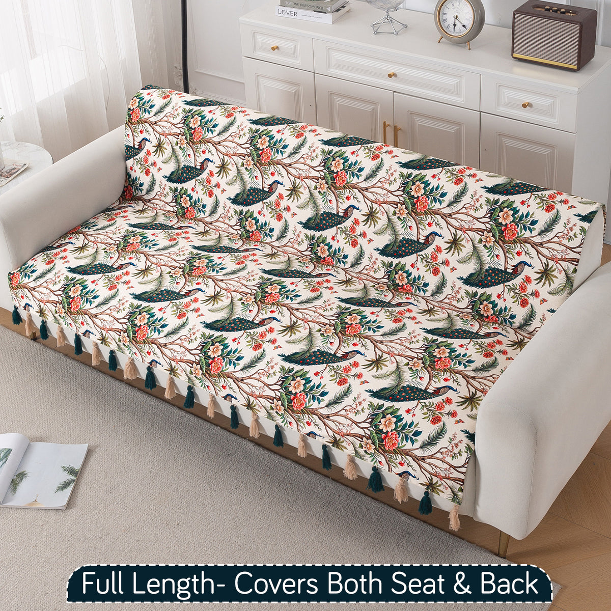 'Whispers of Nature' Series Holland Velvet Sofa Cover with Tassel, Multicolor Tropical Peacock