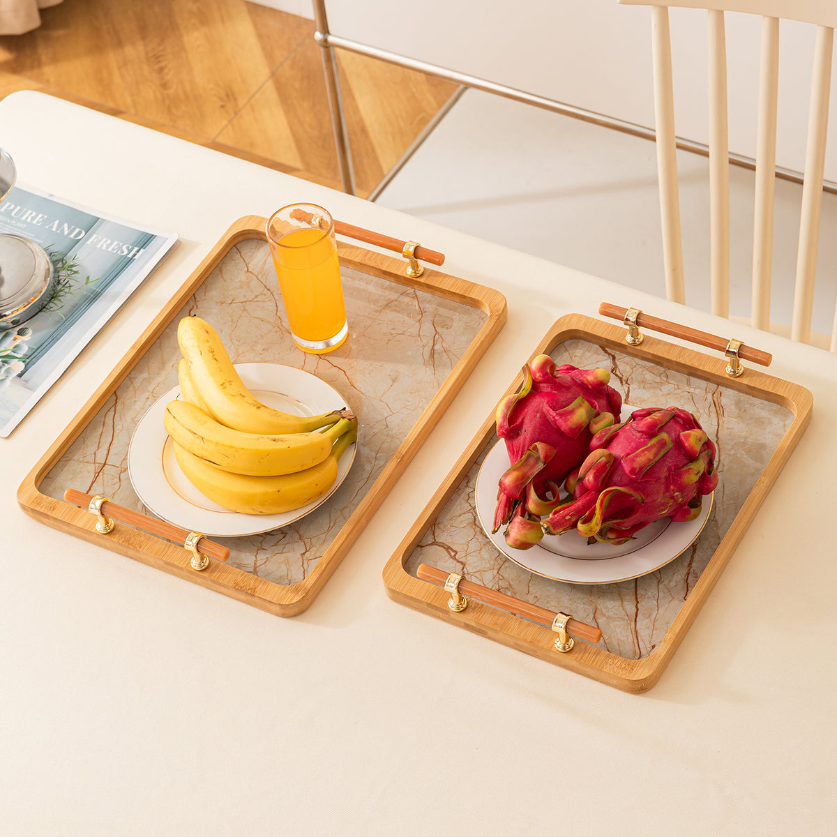 Luxury Bamboo Serving Tray Set with Faux Marble Base with Golden Handles