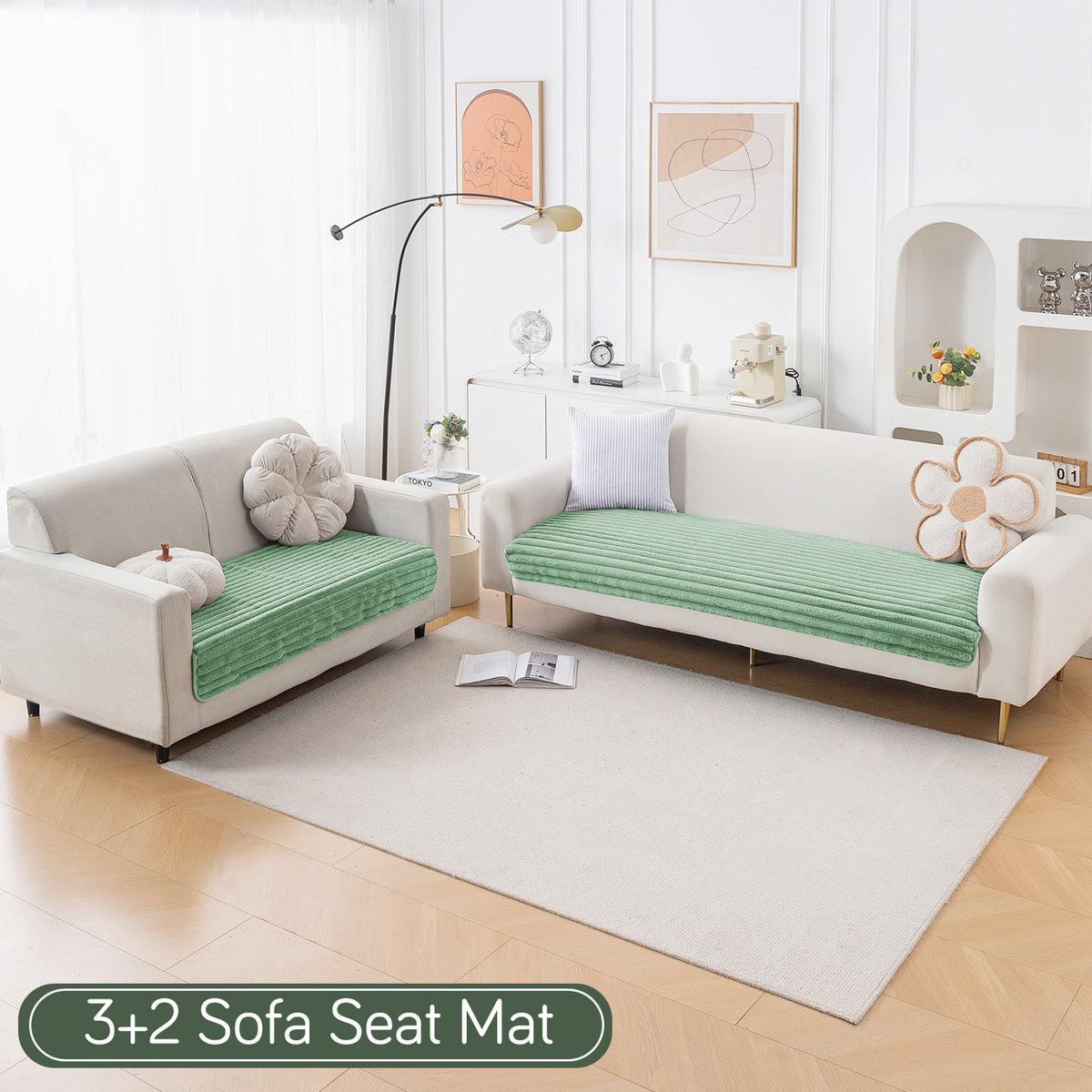 Faux Rabbit Fur Sofa Cover Combination Set, 'Snuggle Fur Series' Sage Green