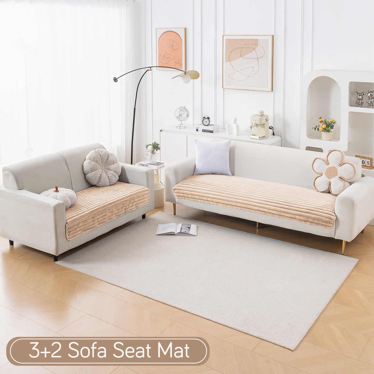 Faux Rabbit Fur Sofa Cover Combination Set, 'Snuggle Fur Series' Sand Brown