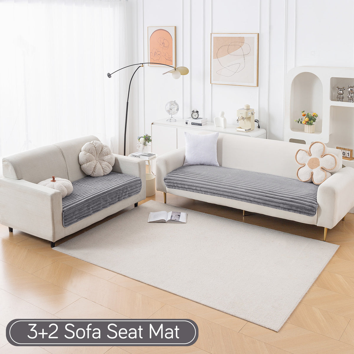 Faux Rabbit Fur Sofa Cover Combination Set, 'Snuggle Fur Series' Grey