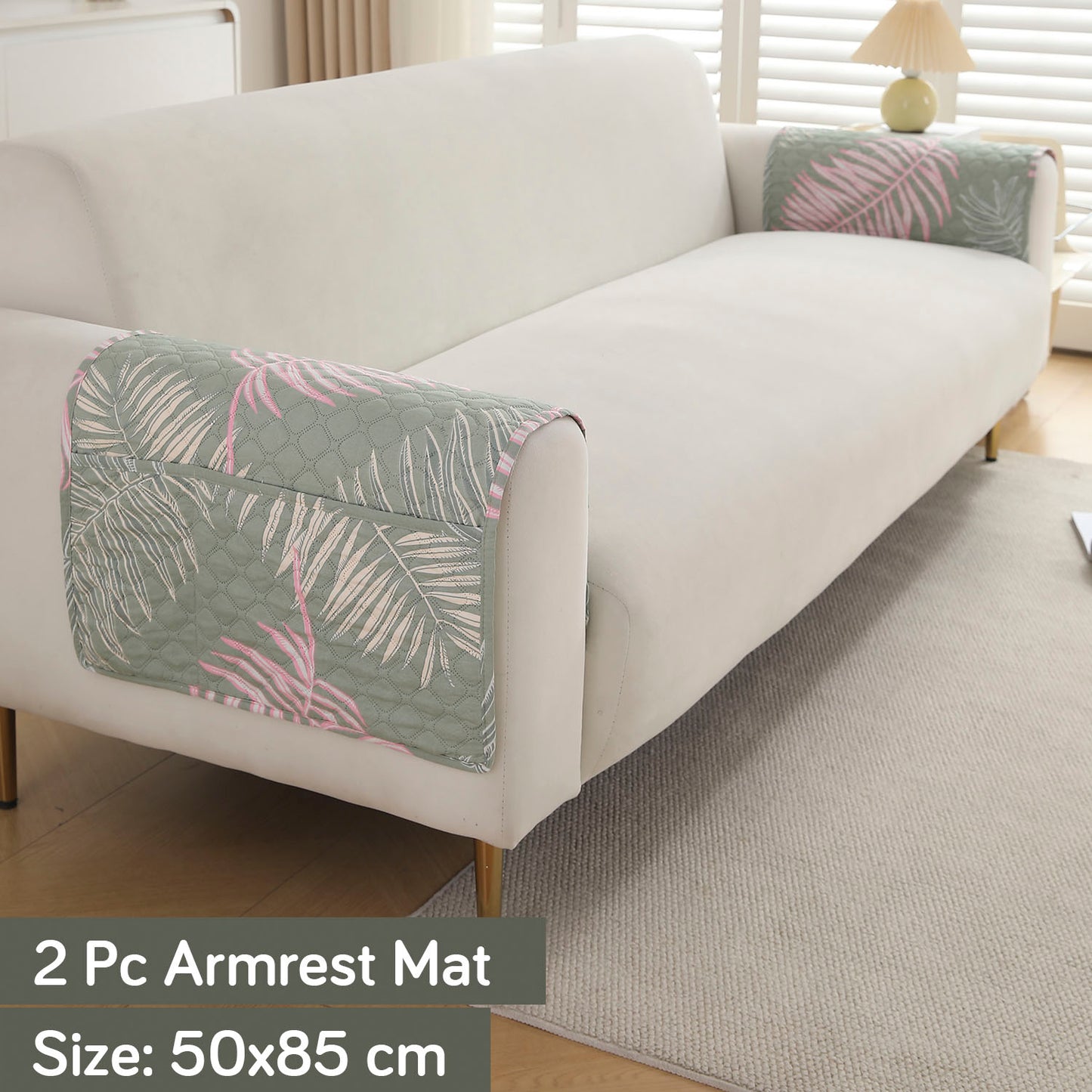 Polyester Printed Quilted Sofa Cover Mats, Tropical Leaves Pastel Green