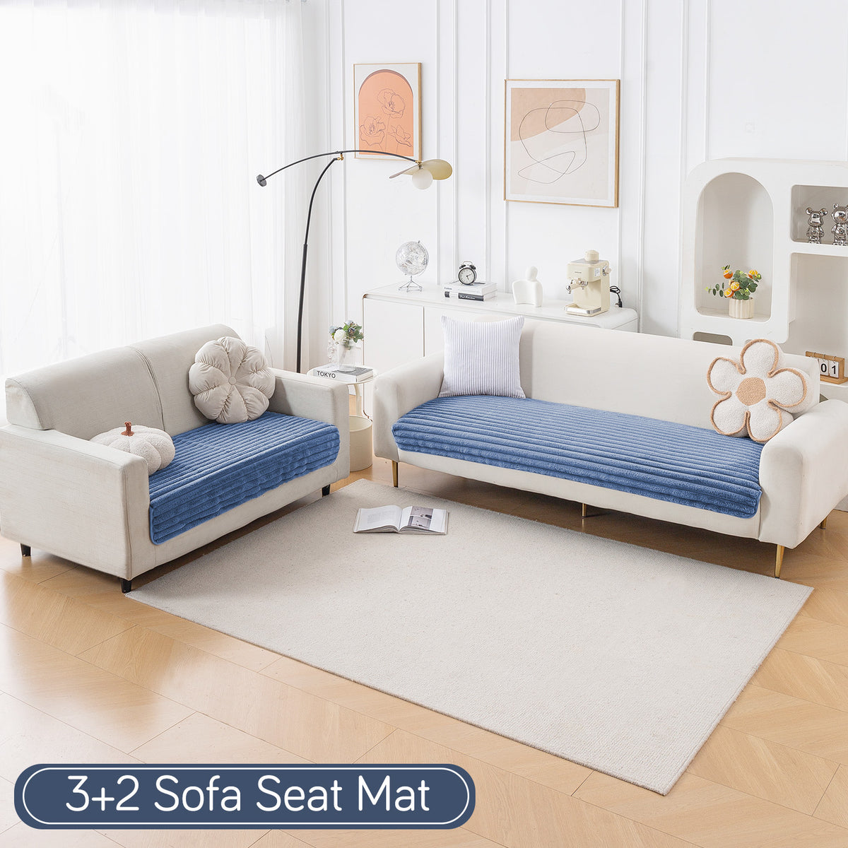 Faux Rabbit Fur Sofa Cover Combination Set, 'Snuggle Fur Series' Denim Blue