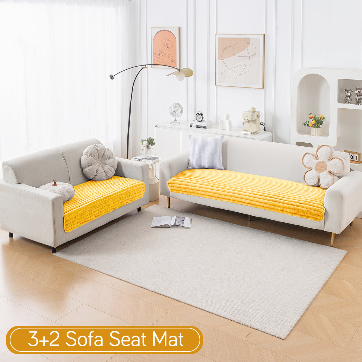 Faux Rabbit Fur Sofa Cover Combination Set, 'Snuggle Fur Series' Mustard Yellow