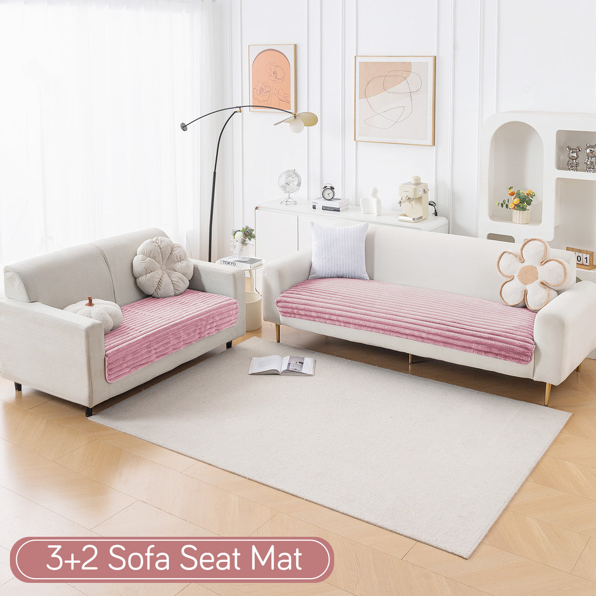 Faux Rabbit Fur Sofa Cover Combination Set, 'Snuggle Fur Series' Soft Pink