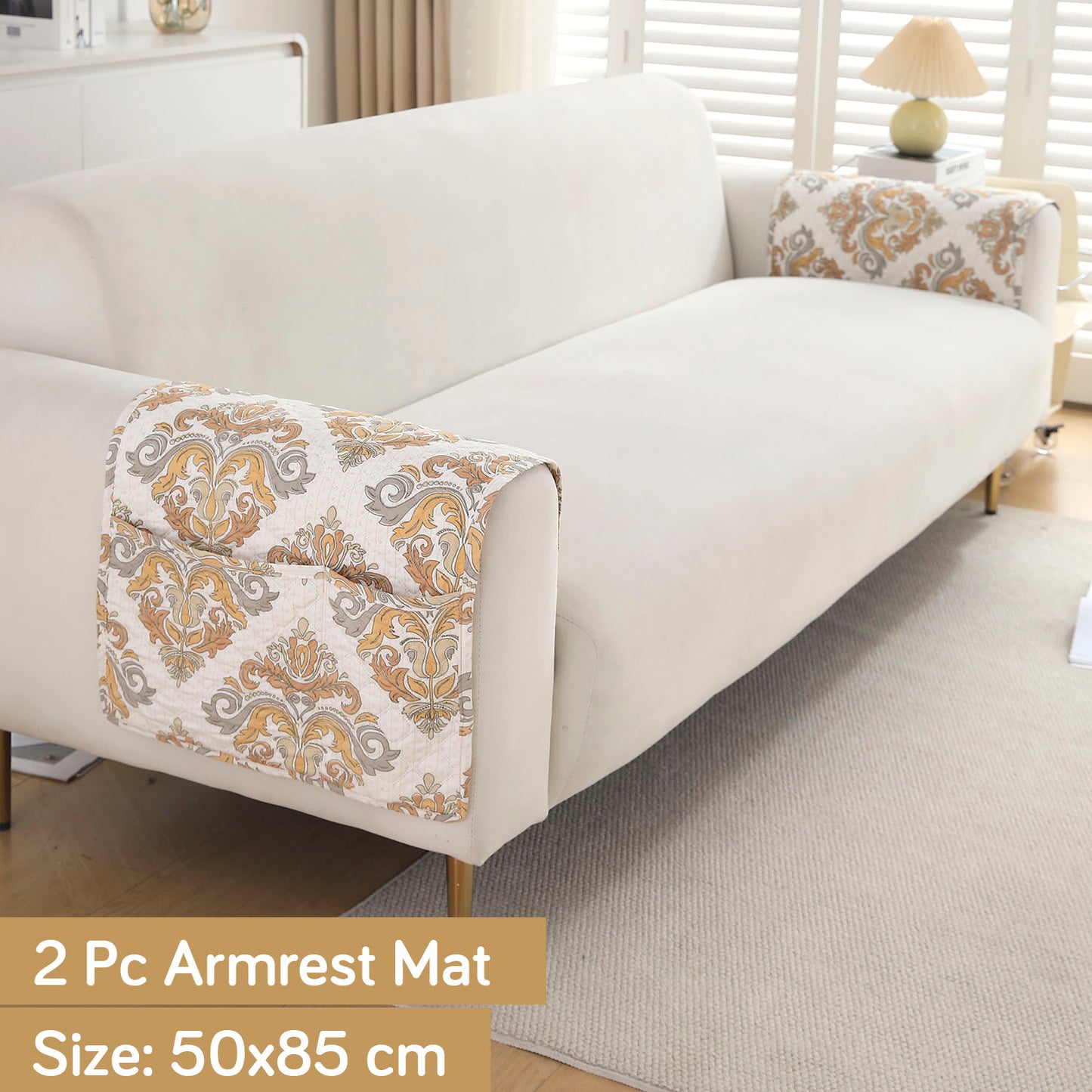 Polyester Printed Quilted Sofa Cover Mats, Damask Beige