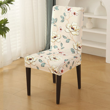 Premium Printed Velvet Dining Chair Cover Set, Buttercream Magnolia Whisper