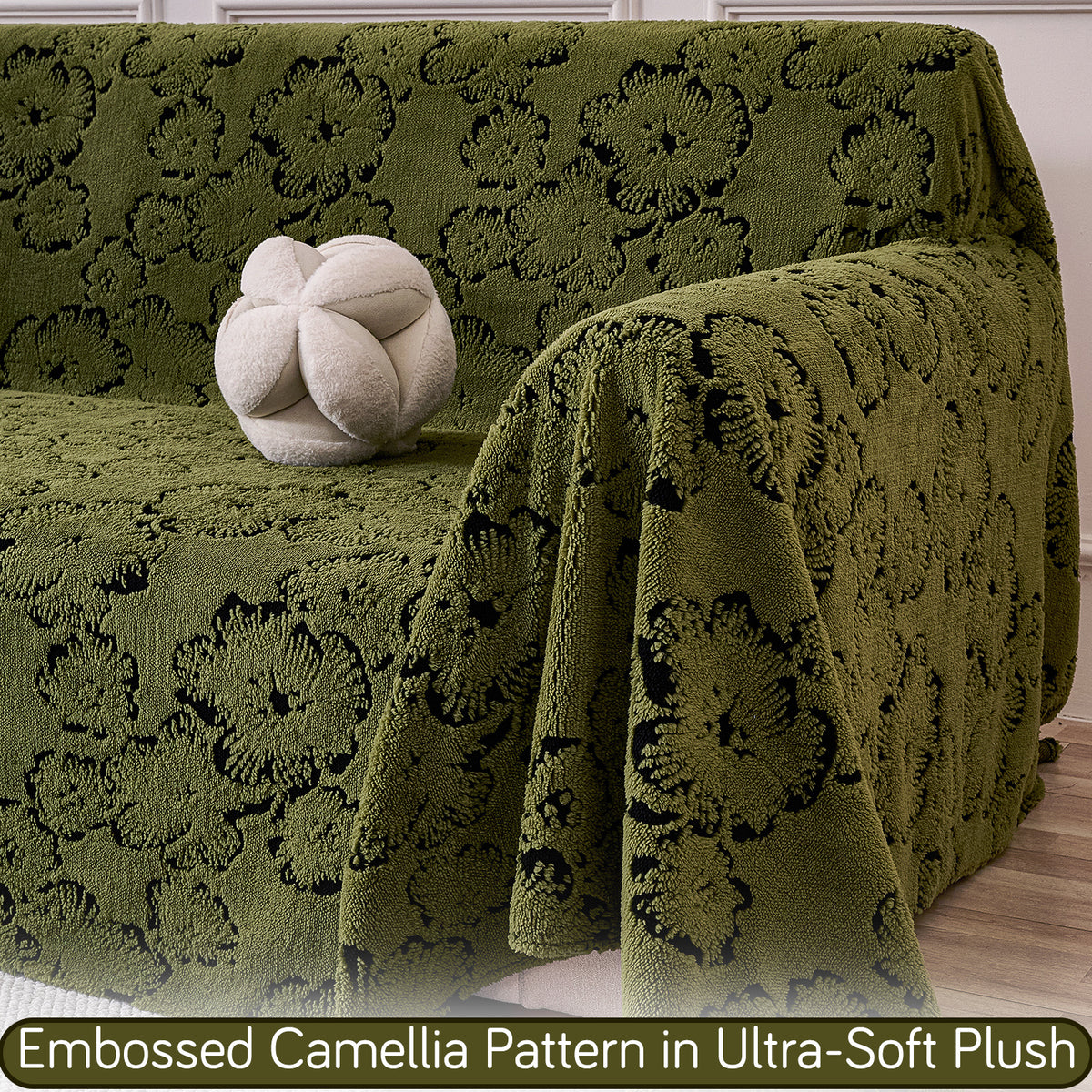 Buy Forest Olive Colour Camellia Blossom Luxury Plush Sofa Throw Cover – 2 Seater Sofa | HOKIPO