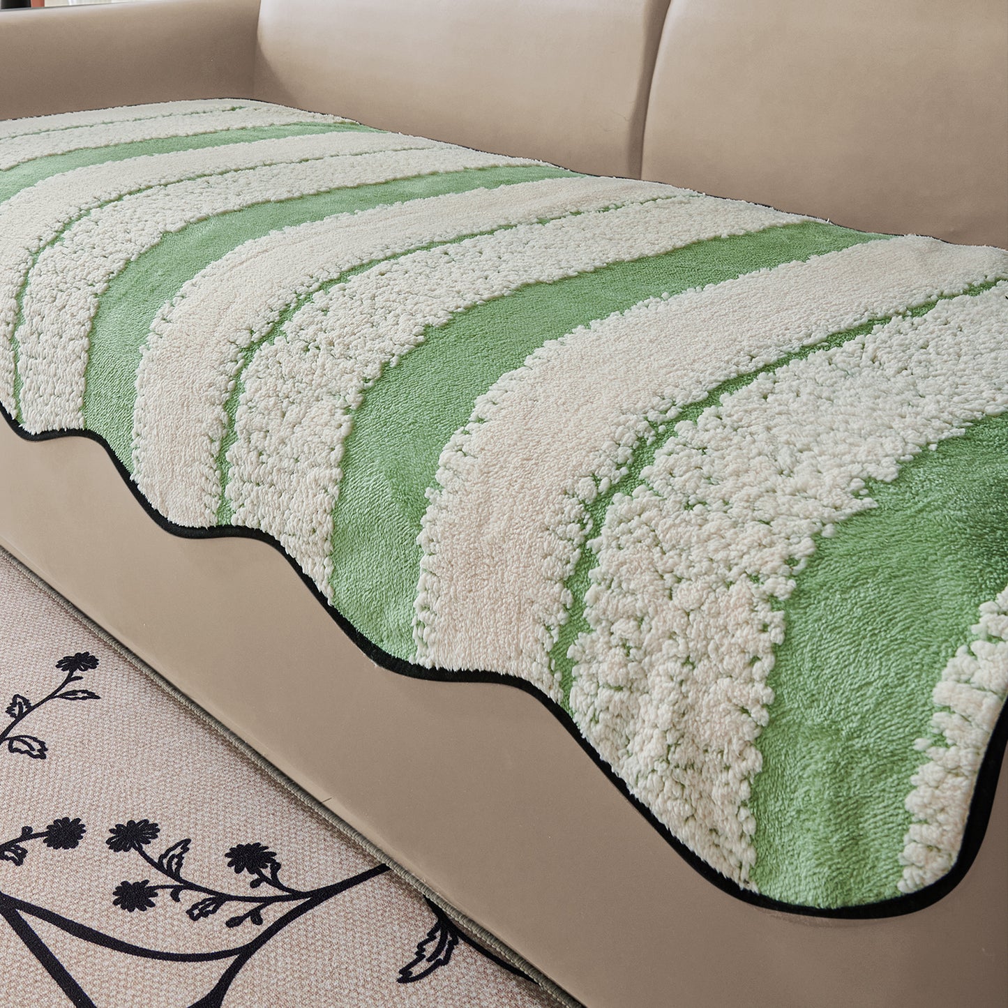 Luxury Wavy Plush Anti-Slip Sofa Cover Mats - Pistachio Green