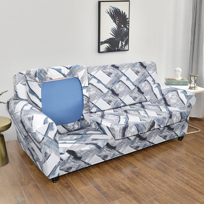 Printed Stretchable Sofa Slipcover with 1/2/3 Pc Separate Seat Cushion Cover for each 1/2/3 Seater, Graphite Glacier Grid