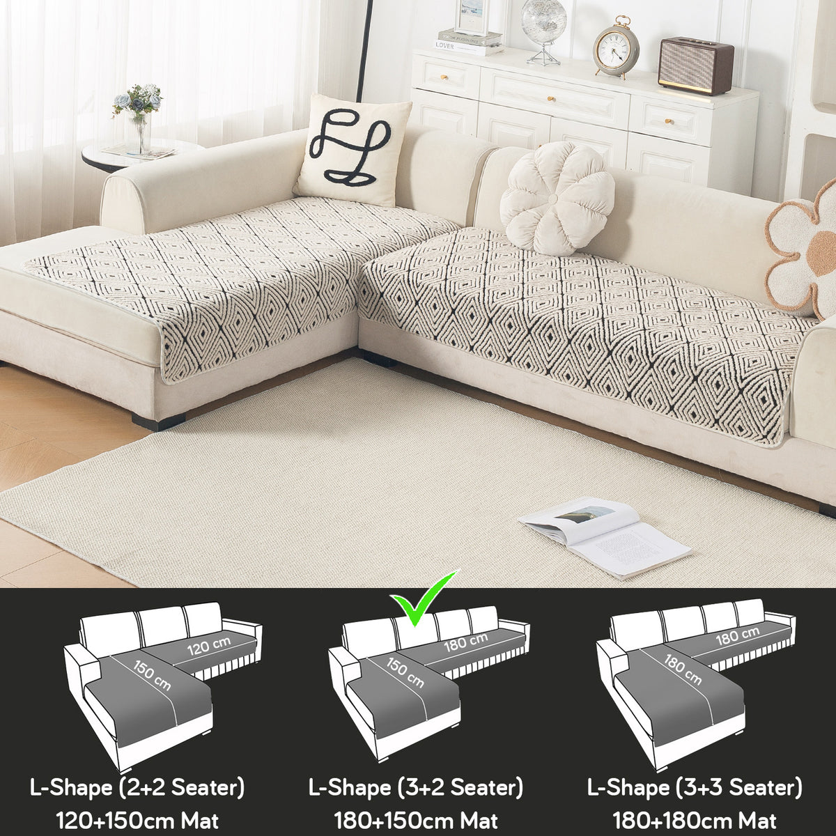 Luxury Plush Sherpa Anti Slip Combination Sofa Mat, 'Noirea Series'|Geometric Diamond