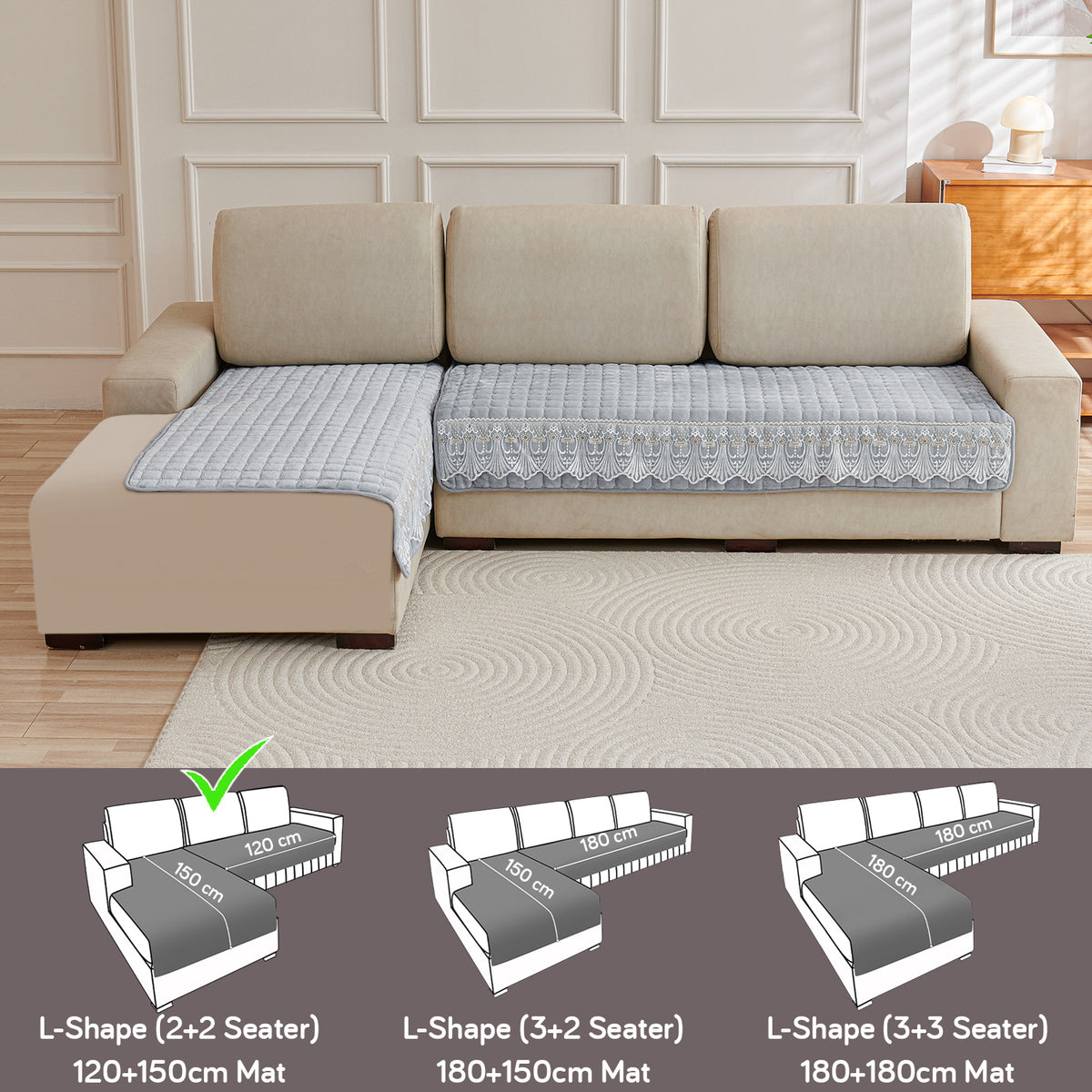 BelleLace Series Imperial Milk Velvet L Shape Sofa Cover Mat with Lace Design - Cloud Grey