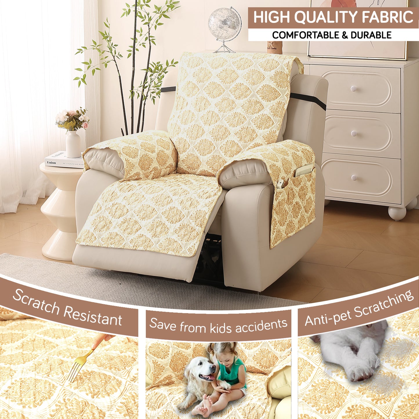 Quilted Printed Recliner Mats for 1 Seater Recliner Sofa, Ogee Ivory
