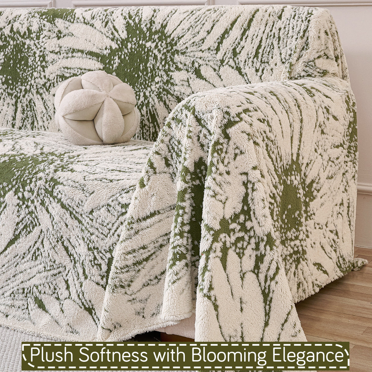 Buy Moss Green Colour DaisyBloom Series Luxury Plush Sofa Throw Cover | HOKIPO