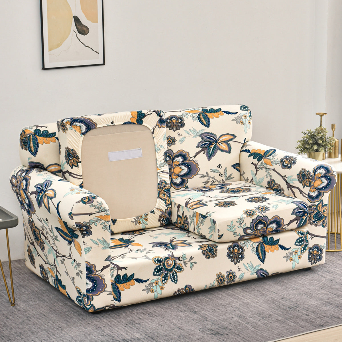 Printed Stretchable Sofa Slipcover with 1/2/3 Pc Separate Seat Cushion Cover for each 1/2/3 Seater, Cream Majestic Flora