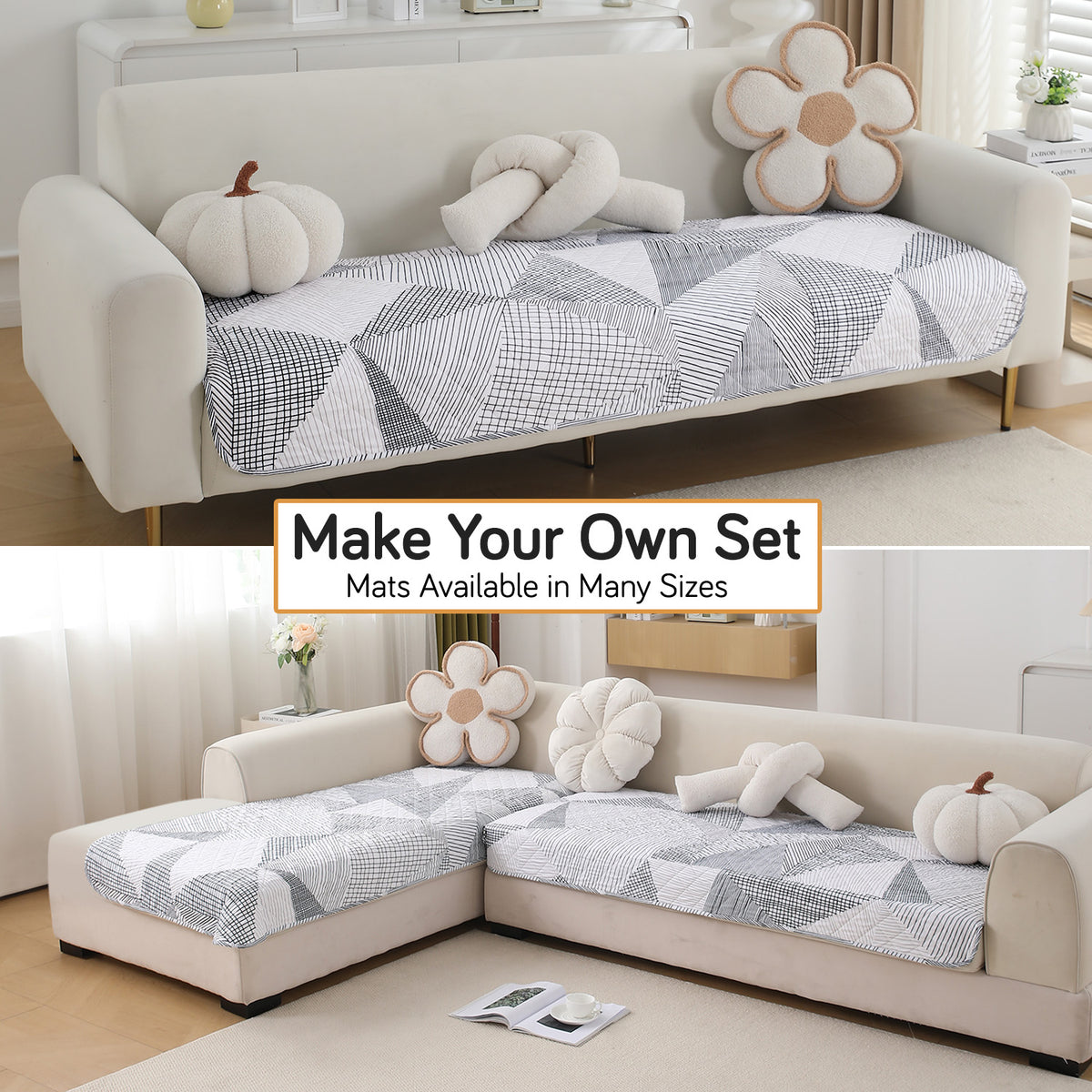 Water Repellent + Waterproof Quilted Sofa Mats, Snow White Black Geometry