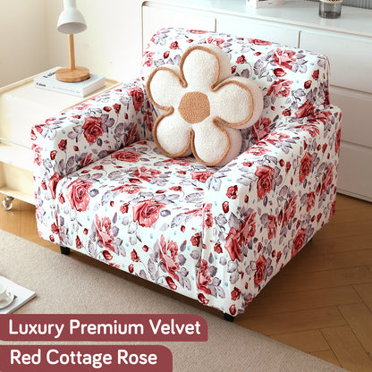 Premium Printed Velvet Sofa Cover 1/2/3 Seaters Fully Covered, Red Cottage Rose