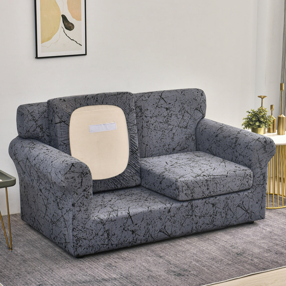 Printed Stretchable Sofa Slipcover with 1/2/3 Pc Separate Seat Cushion Cover for each 1/2/3 Seater, Intense Grey Splatter
