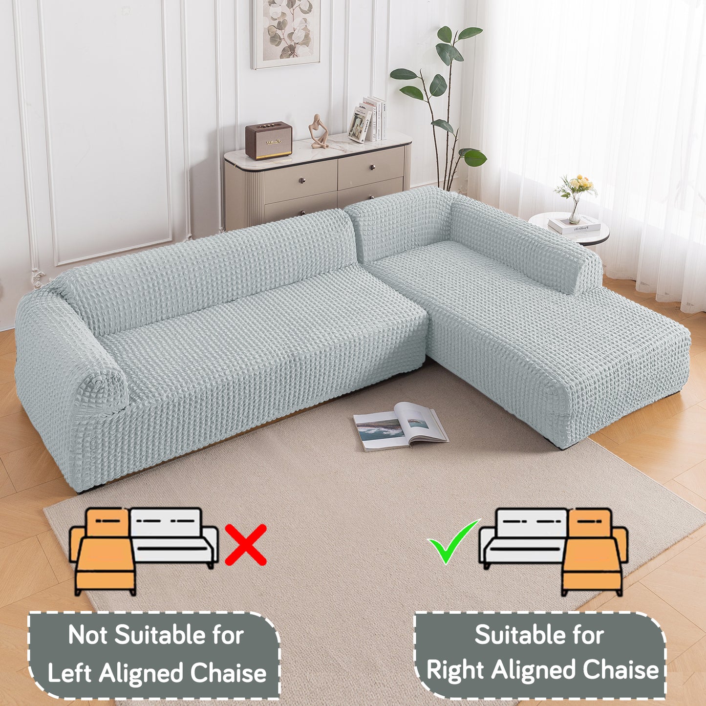 Aria Nova Bubble 2-Piece Stretchable L Shape Sofa Cover with Right Chaise, Light Grey