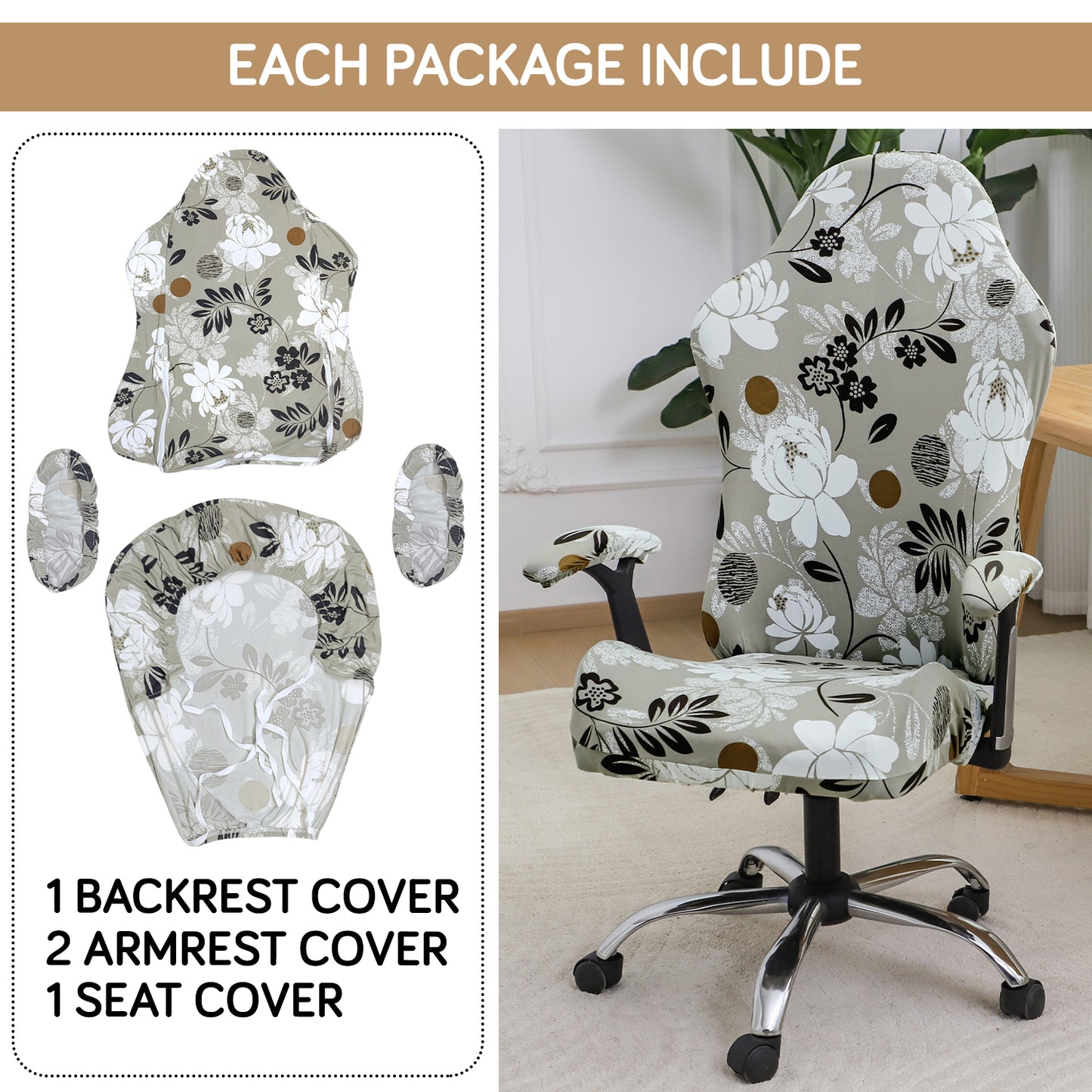 Printed Gaming Chair Seat Cover Elastic Computer Rotating Chair, Feather Brown Floral