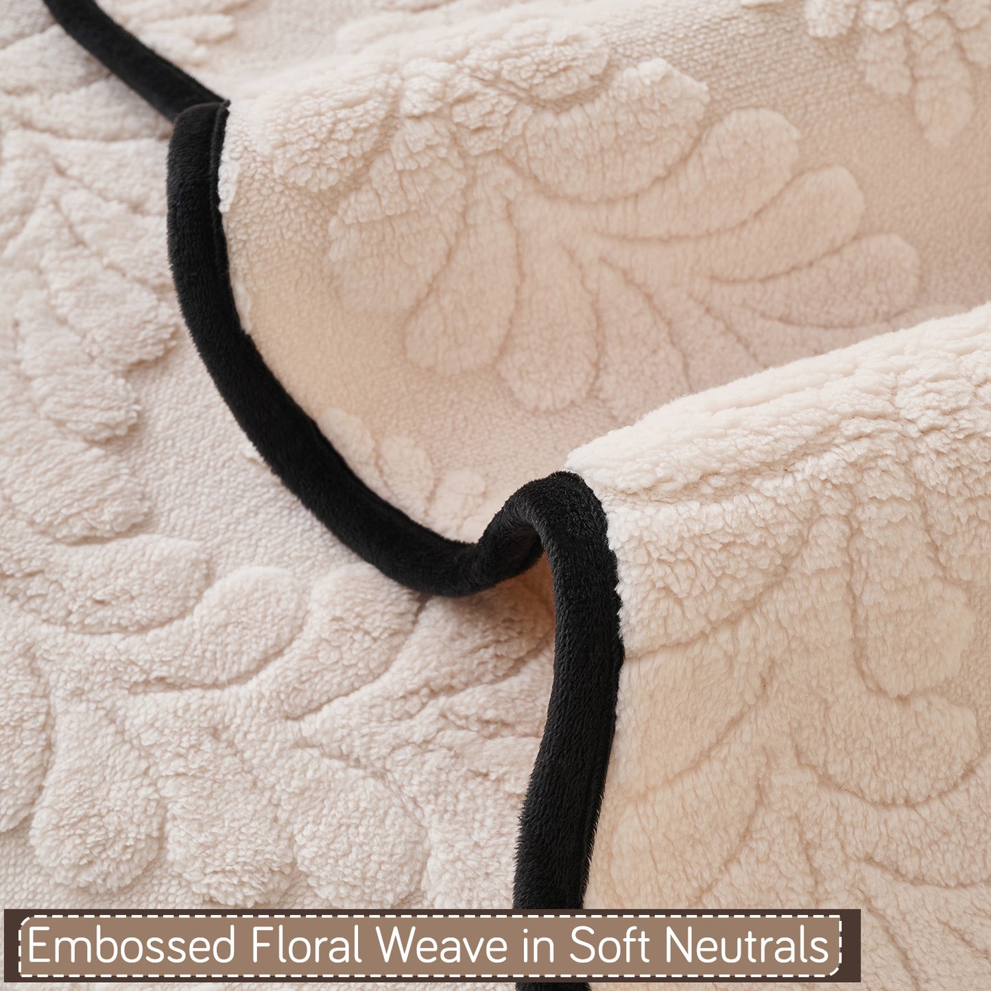 Embossed Floral Jacquard Anti-Slip Sofa Cover Mat, 'Wavy Petal Crest Series' Light Cream