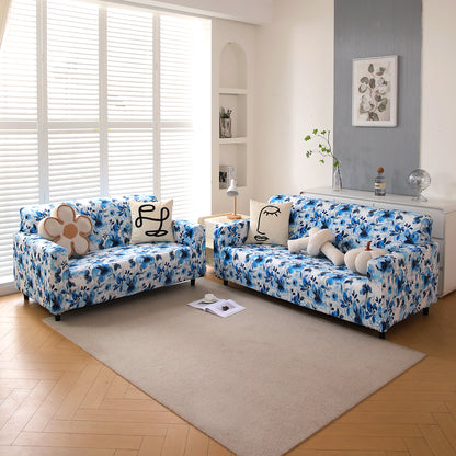 Premium Printed Velvet Sofa Cover 1/2/3 Seaters Fully Covered, Blue Azure Botanical
