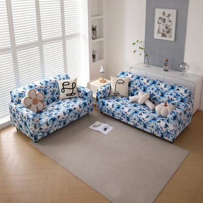 Premium Printed Velvet Sofa Cover 1/2/3 Seaters Fully Covered, Blue Azure Botanical