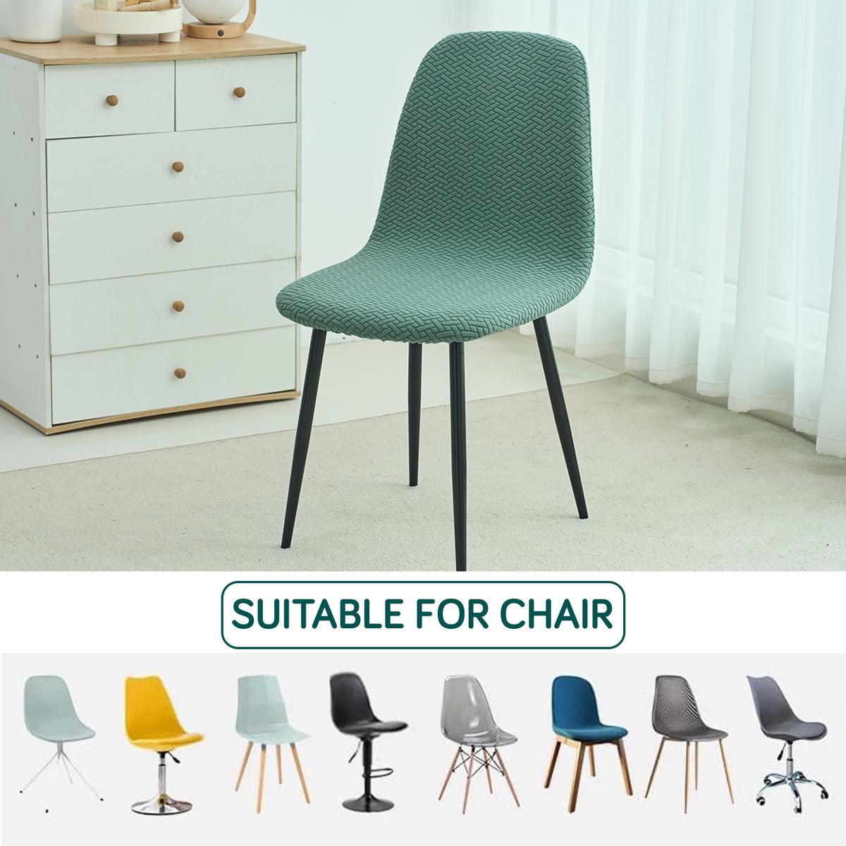 Premium Jacquard Fully Covered Cover for Mid Century Modern Dining Chair, Continental Green