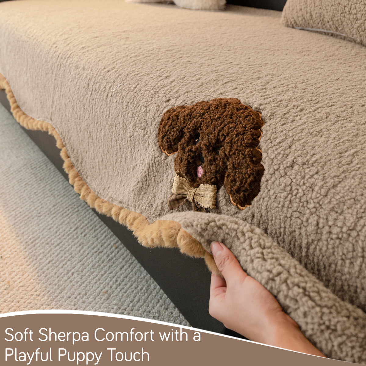 CloudHug Plush Sofa Cover Mat with PomPom and Wavy Edges, Vanilla Latte