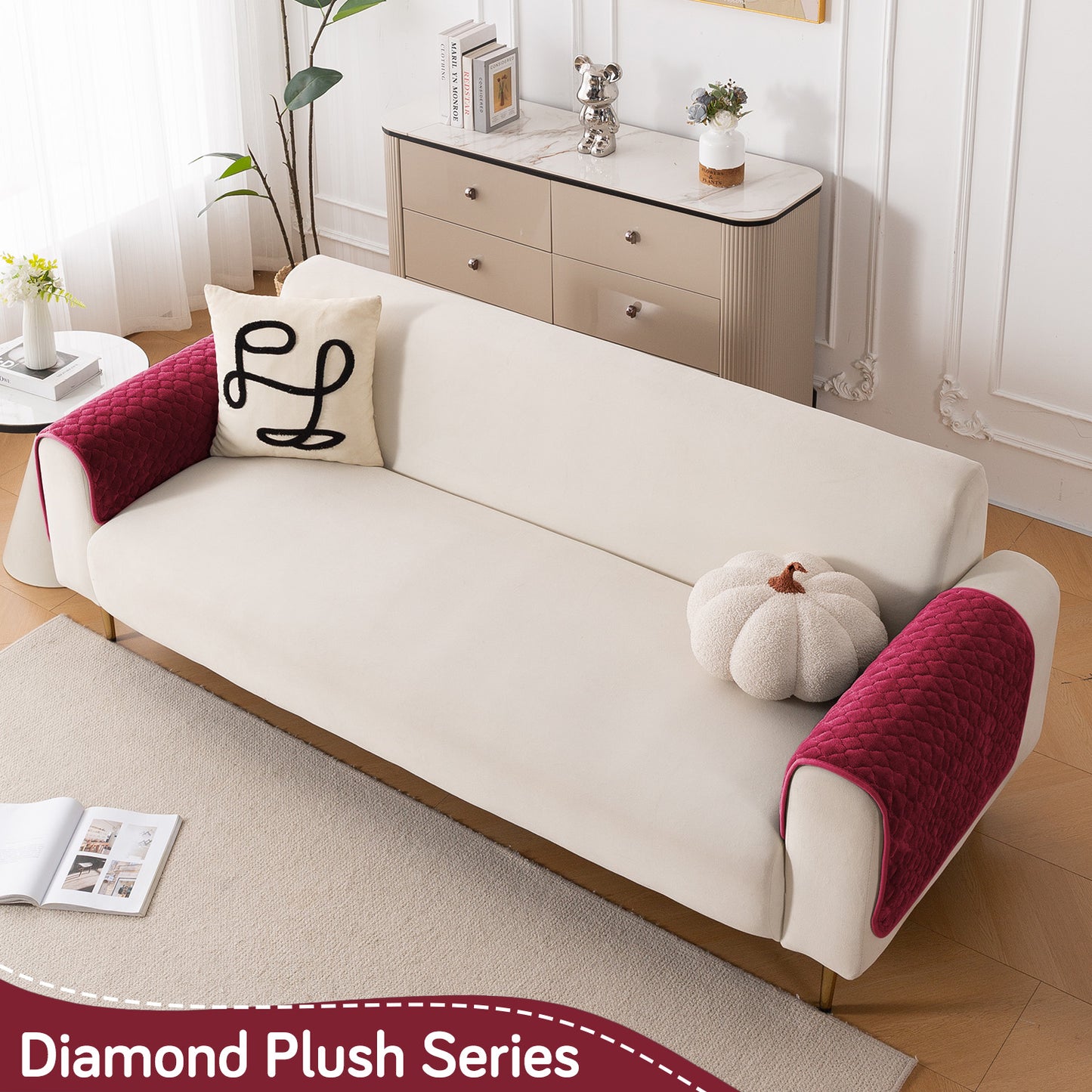 Diamond Plush Pebble Quilted Sofa Cover Mat, Wine