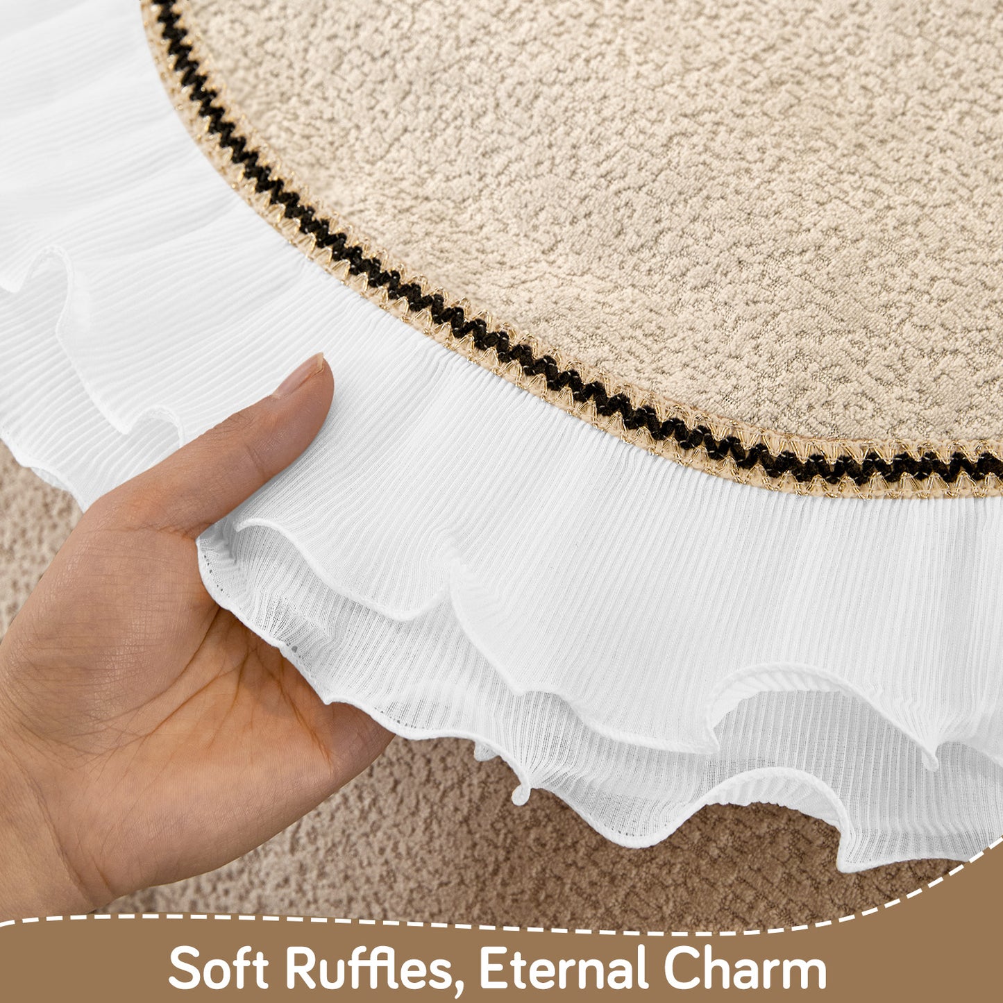 French Classic Frill Wavy Sofa Cover Mat with Curve & Lace - Champagne Beige