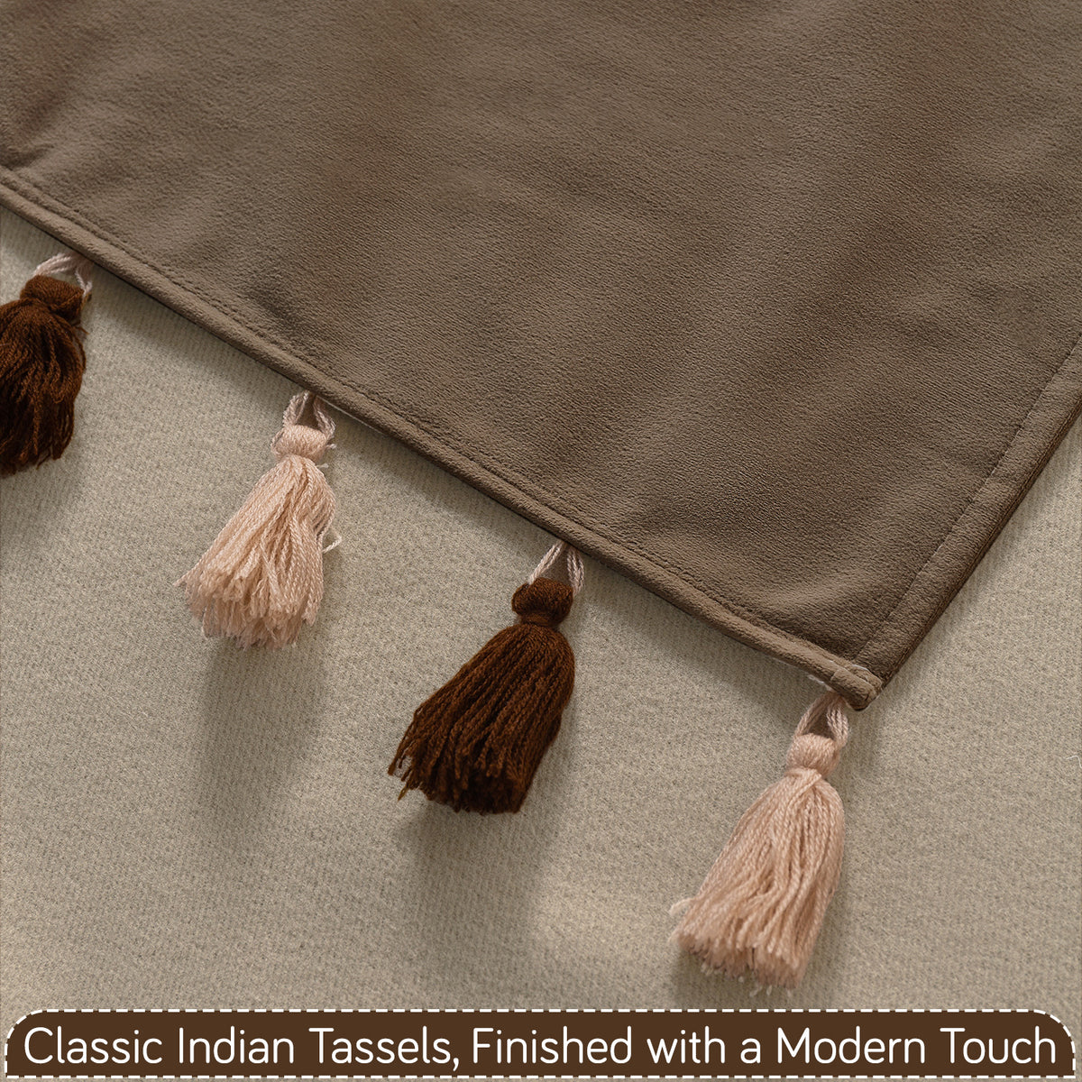 Tassel Tone Holland Velvet Sofa Cover Mat, Warm Taupe