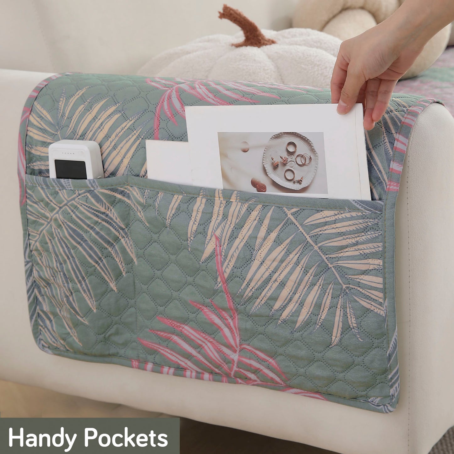 Polyester Printed Quilted Sofa Cover Mats, Tropical Leaves Pastel Green
