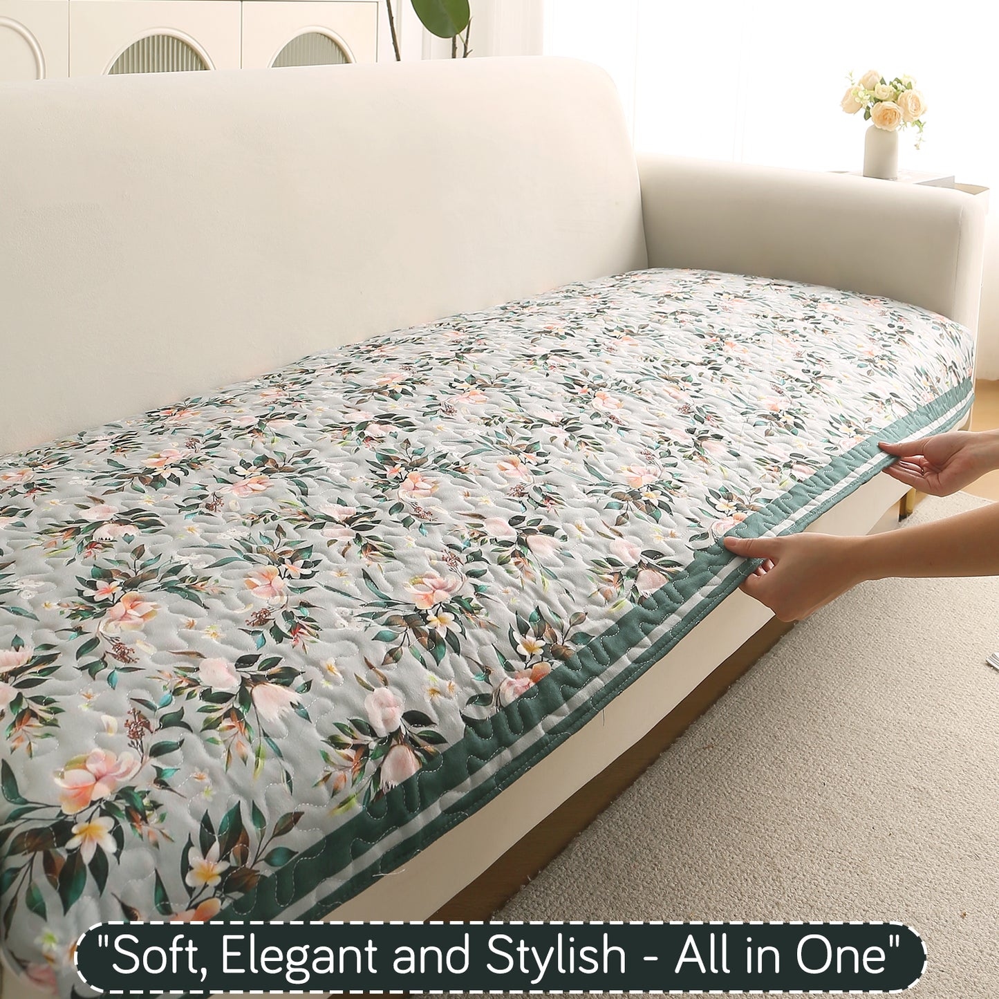 Florentina Series Quilted Holland Velvet L Shape Sofa Seat Mat - Magnolia Green