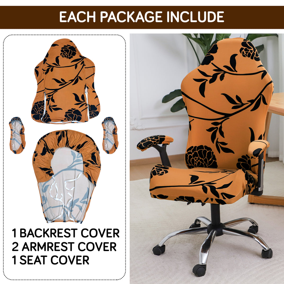 Printed Gaming Chair Seat Cover Elastic Computer Rotating Chair, Copper Brown Floral