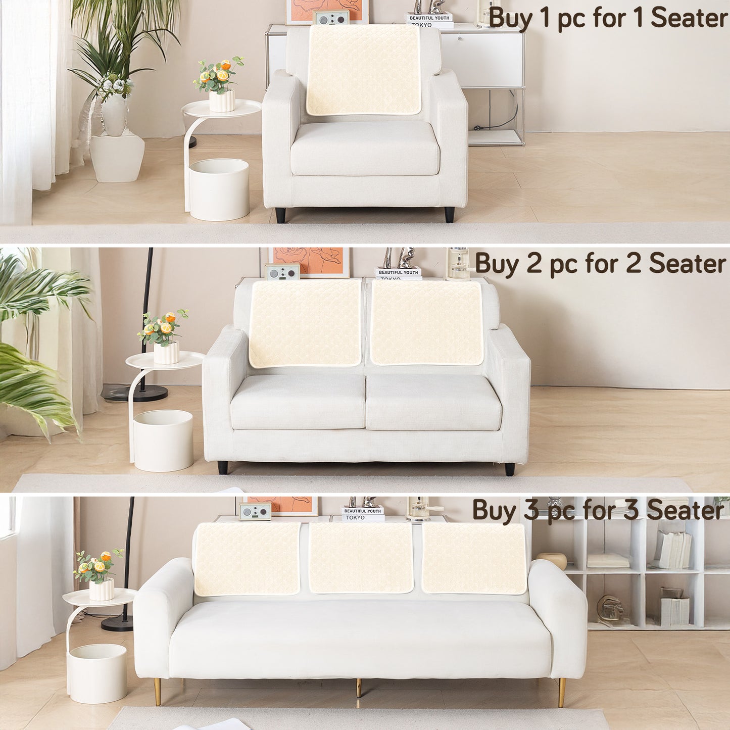 Diamond Plush Pebble Quilted Sofa Cover Mat, Cream