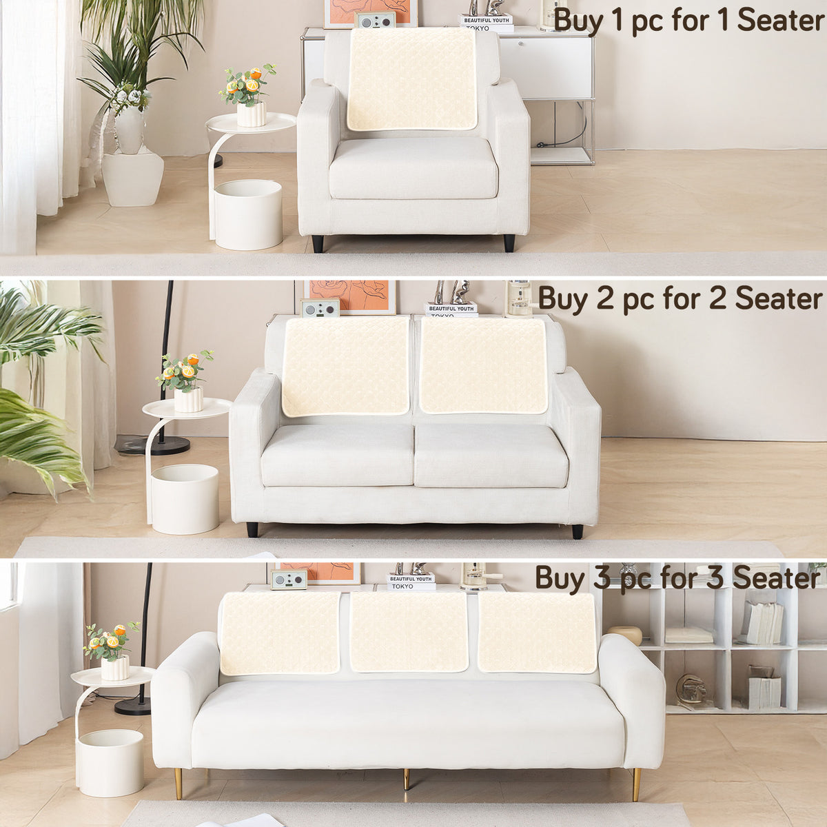 Diamond Plush Pebble Quilted Sofa Cover Mat, Cream