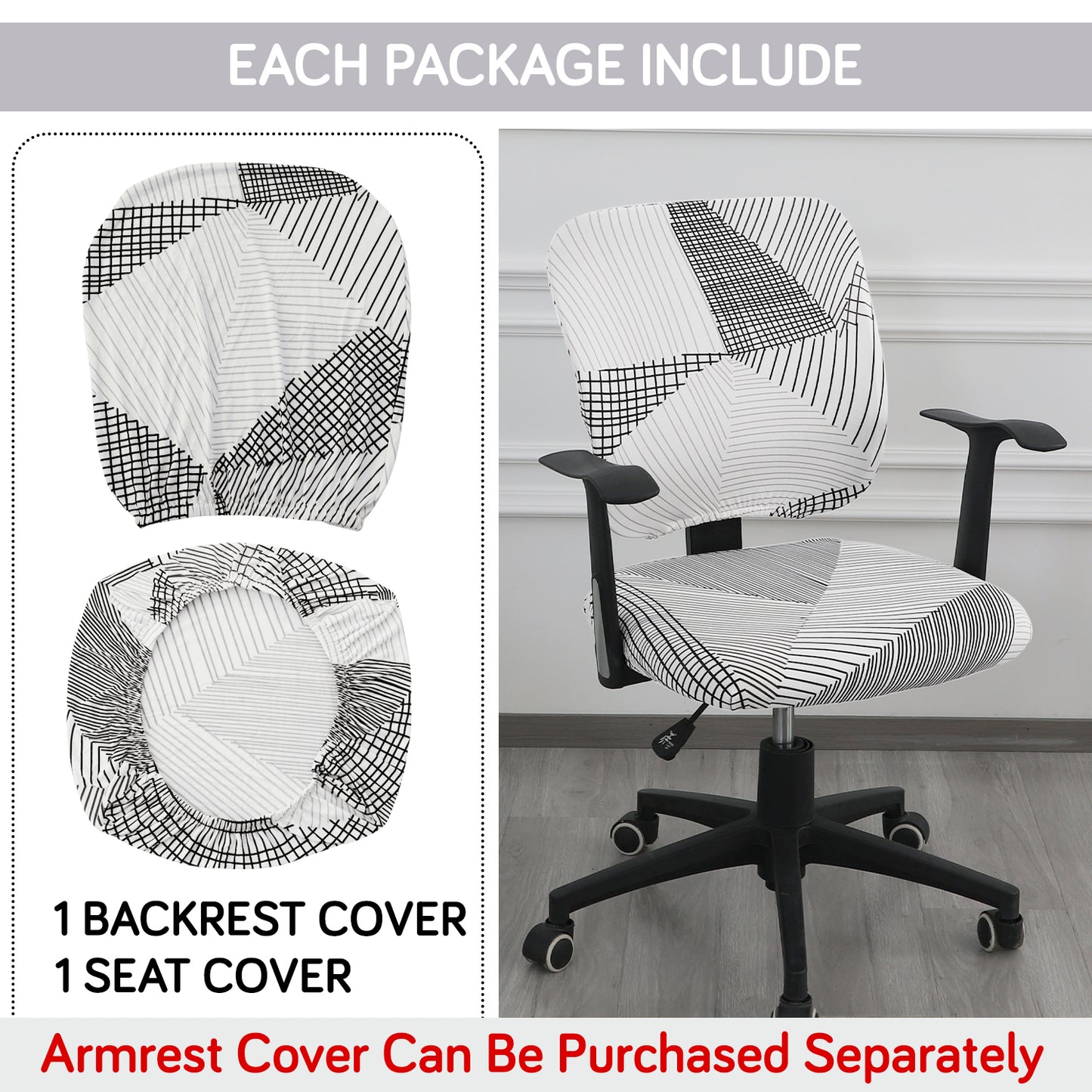 Printed Office Chair Cover for Task Chair – 140 GSM Stretchable Fabric – Washable & Anti-Slip – Fits Small Office Chairs Without Headrest, Snow White Black Geometry