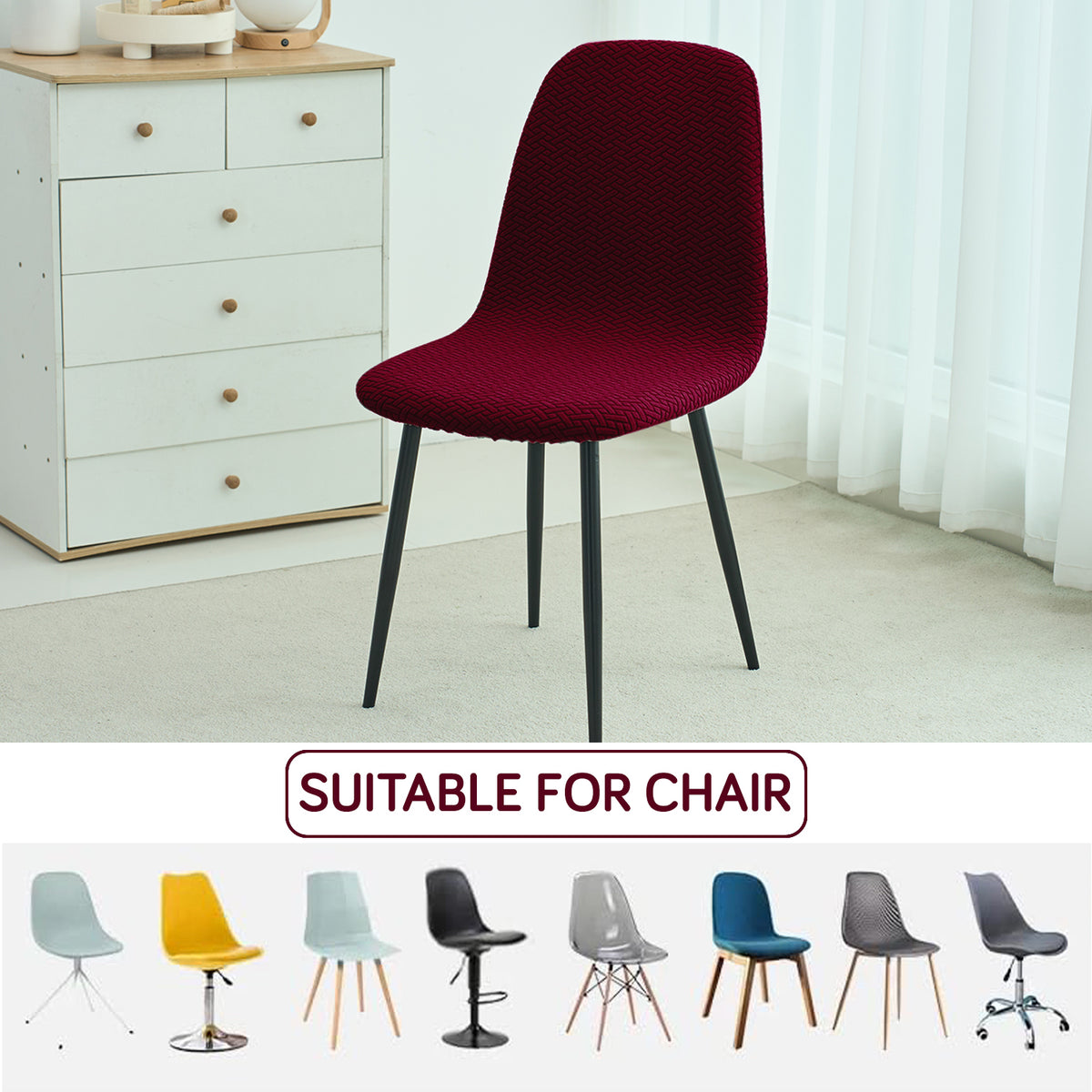 Premium Jacquard Fully Covered Cover for Mid Century Modern Dining Chair, Burgundy