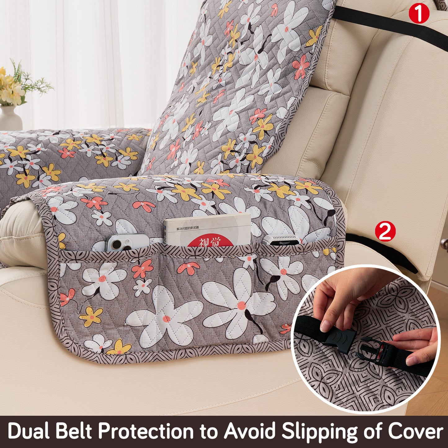 Quilted Cover for Recliner Sofa with SecureFit Belt & Side Pocket, Pastel Brown Sandwort Flower