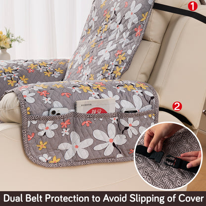 Quilted Cover for Recliner Sofa with SecureFit Belt & Side Pocket, Pastel Brown Sandwort Flower