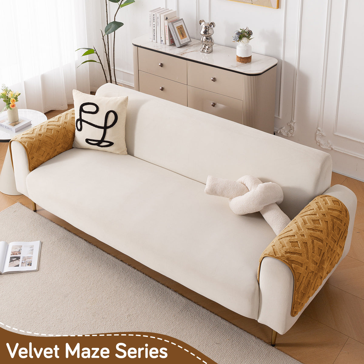 Velvet Maze Sofa Cover Mat, Light Brown