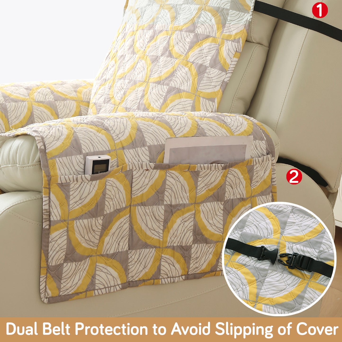 Quilted Printed Recliner Mats for 1 Seater Recliner Sofa, Windmill Cyber Yellow