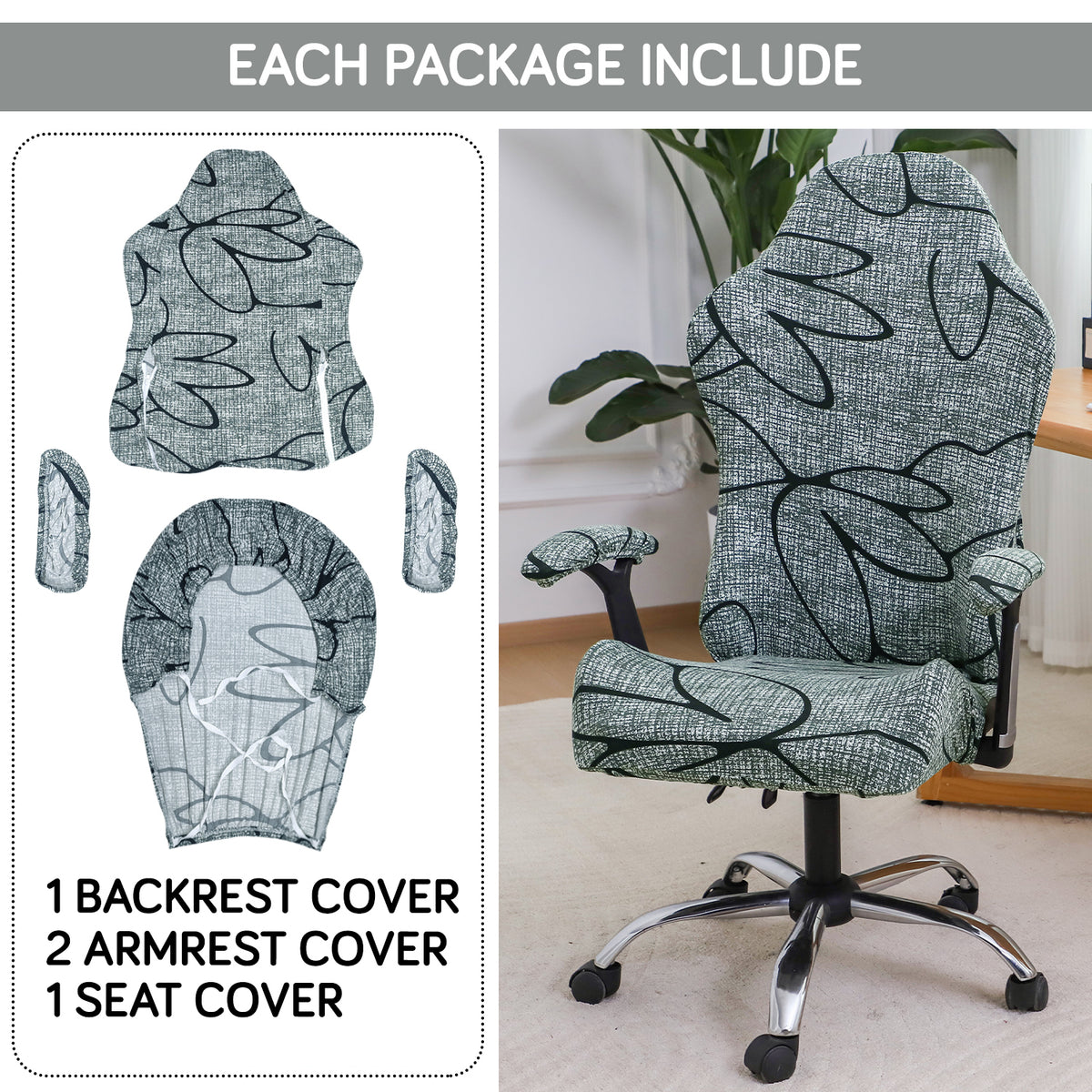 Printed Gaming Chair Seat Cover Elastic Computer Rotating Chair, Intense Grey Abstract Floral