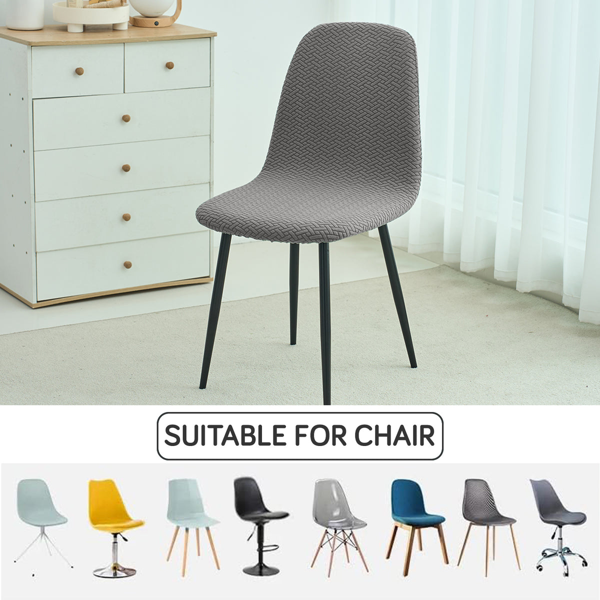 Premium Jacquard Fully Covered Cover for Mid Century Modern Dining Chair, Grey