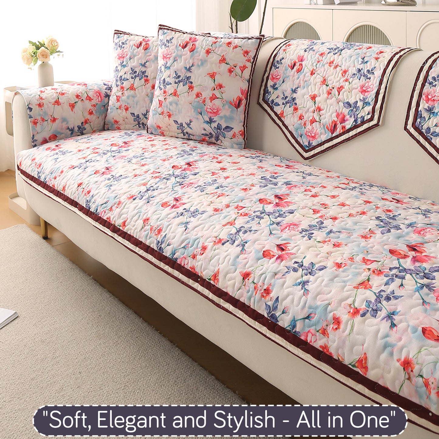 Florentina Series Printed Holland Velvet Sofa Mat - Scarlet Rose Ivory