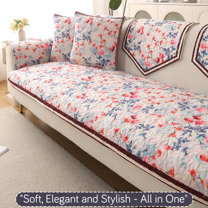 Florentina Series Printed Holland Velvet Sofa Mat - Scarlet Rose Ivory